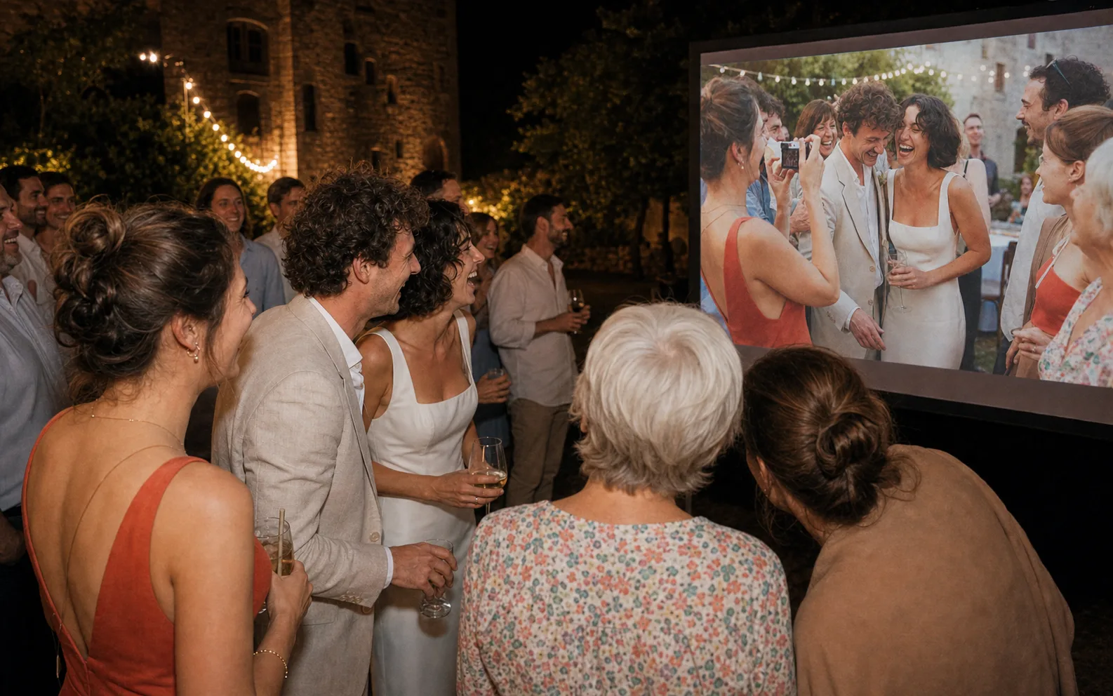Les mariés et leurs proches découvrent une photo du mariage projetée pendant la soirée