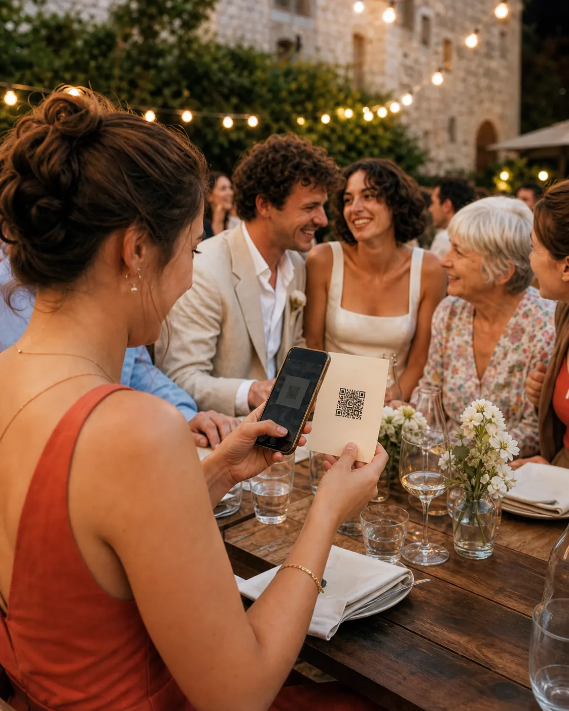 Une invitée scanne le QR code du mariage