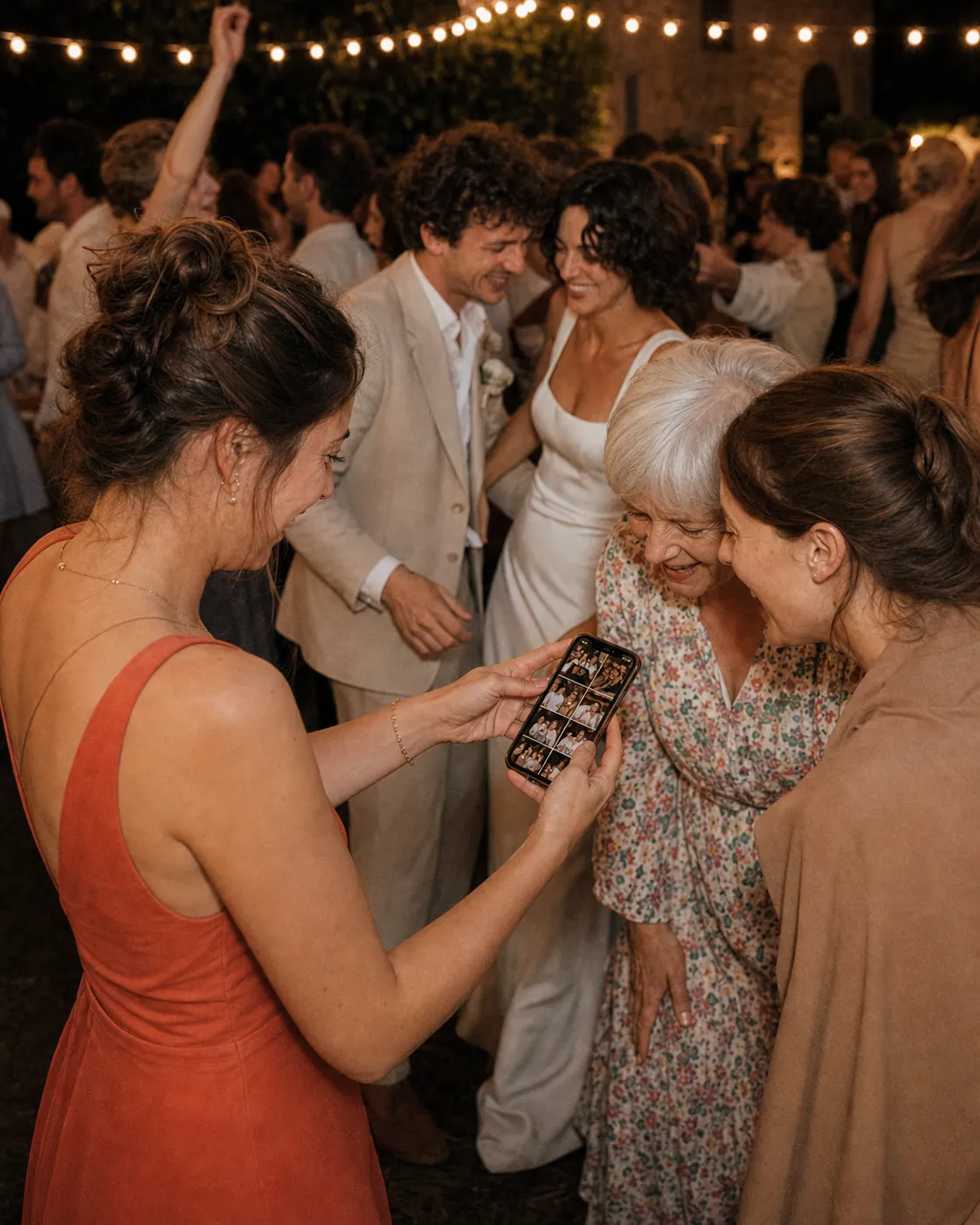 Des invités regardent ensemble les photos du mariage