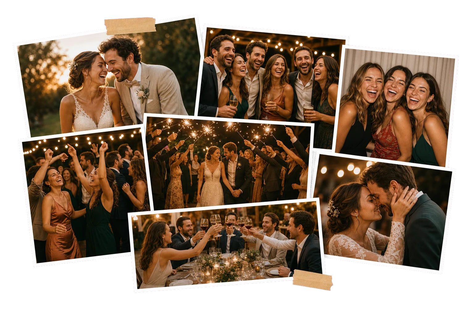 Cinq photos spontanées d’un mariage : les mariés, leurs amis, la piste de danse et une haie de cierges magiques